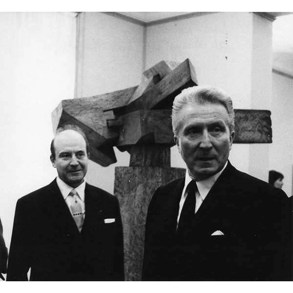 Aimé Maeght in Chillida's solo exhibition at the Galerie Maeght, Paris