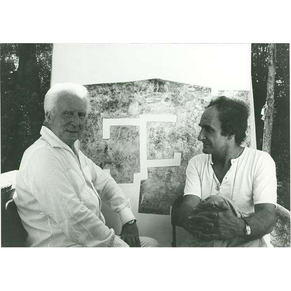 Aimé Maeght and Chillida in front of Euzkadi V [Basque Country V] at the Fondation Maeght, Saint-Paul-de-Vence