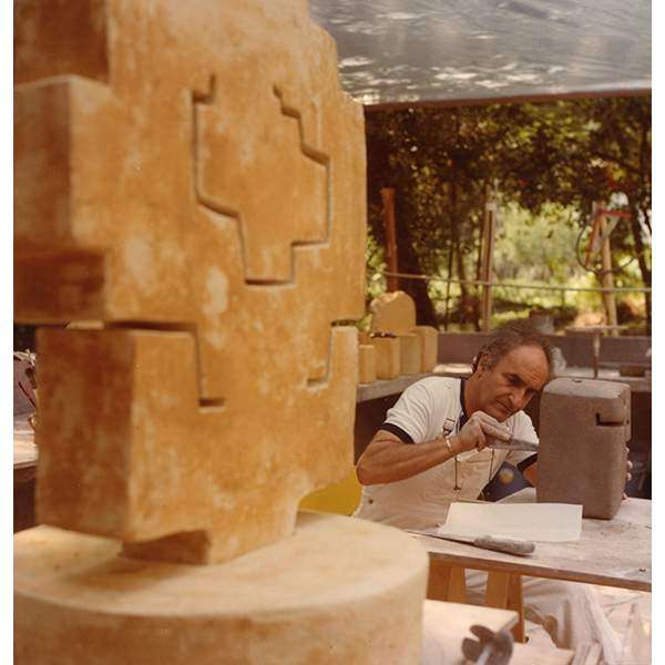 "Working on his ""Lurras"" at the Fondation Maeght, Saint-Paul-de-Vence, as photographed by Catalá-Roca "